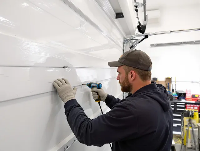 Rancho Palos Verdes Garage Door Repair technician demonstrating precision dent removal techniques on a Rancho Palos Verdes garage door