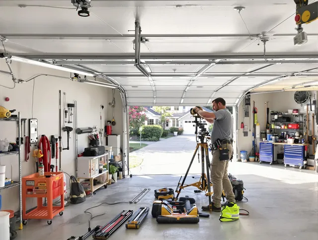Rancho Palos Verdes Garage Door Repair specialist performing laser-guided track alignment in Rancho Palos Verdes